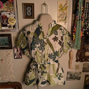 Y2K Floral Mesh Button Up Blouse Women's Large Green White